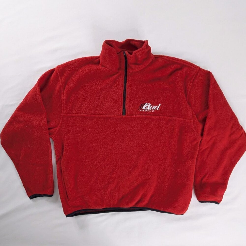 VTG Bud Racing Red Black Fleece Quarter Zip Pullover Jacket